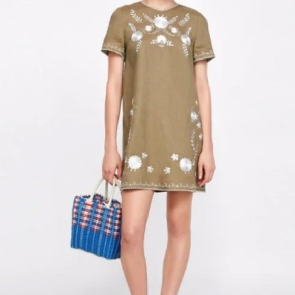 ZARA Embroidered Flower Linen Dress (Khaki/Tan) - Picture 5 of 5